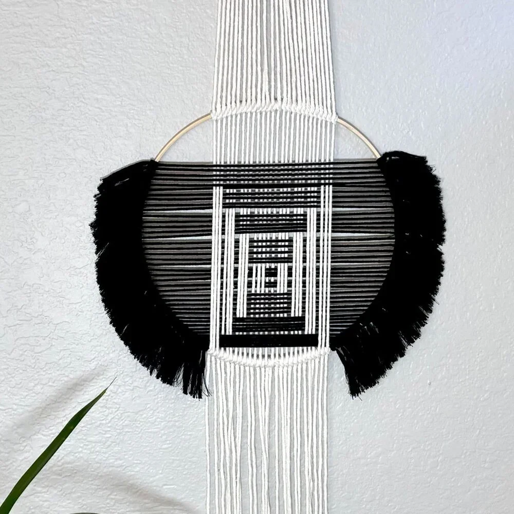 Woven Cotton Black Beige Boho Contemporary Geometric Tasseled Wall Hanging New